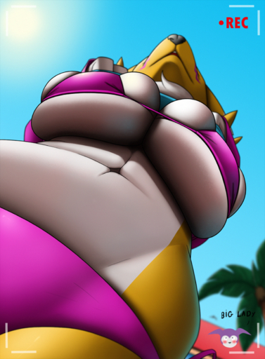 anthro big_breasts bikini blush breasts bulging_breasts canid cleavage cleavage_overflow clothed clothing creatiffy curvy_figure digimon_(species) digital_media_(artwork) female fur hi_res huge_breasts impmon low-angle_view mammal open_mouth outside renamon simple_background skimpy smile solo swimwear thick_thighs under_boob video_games voluptuous white_body white_fur wide_hips yellow_body yellow_fur // 1216x1650 // 3.3MB