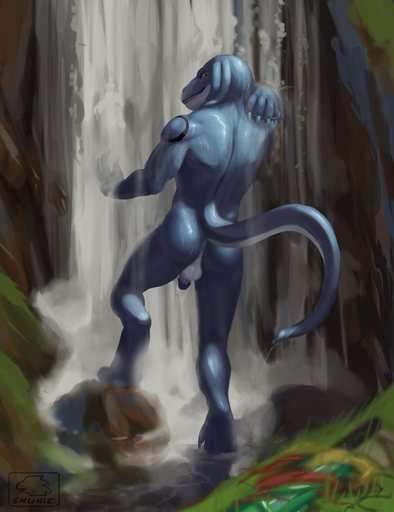2016 anthro anus back_muscles backsack balls bangaa bathing blue_body blue_skin butt chunie circumcised claws clothing detailed_background digital_media_(artwork) flaccid genitals grin hi_res humanoid_genitalia humanoid_penis long_ears looking_at_viewer looking_back male melee_weapon muscular muscular_anthro muscular_male nude outside penis perineum raised_tail rear_view scales scalie showering smile solo standing sword tattoo teeth thrakos toe_claws video_games water waterfall weapon wet // 984x1280 // 299.6KB