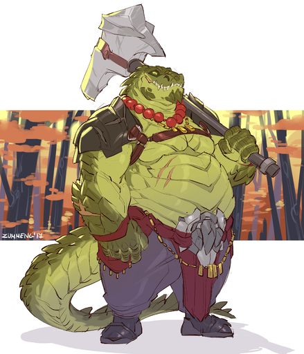 2017 5_fingers absurd_res anthro crocodile crocodilian crocodylid fingers hammer hi_res holding_object holding_weapon male reptile scalie scar solo tools weapon zummeng // 3000x3500 // 3.7MB