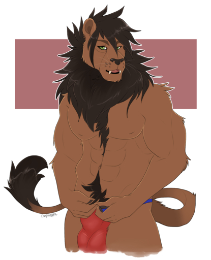 anthro autumus black_hair black_mane body_hair brown_body brown_fur bulge clothed clothing compass_(artist) fangs felid fur green_eyes hair half-length_portrait happy_trail hi_res lion looking_at_viewer male mammal mane mane_hair monotone_hair monotone_mane muscular muscular_anthro muscular_male open_mouth pantherine portrait smile solo tail_tuft topless tuft underwear whiskers // 1135x1400 // 427.9KB