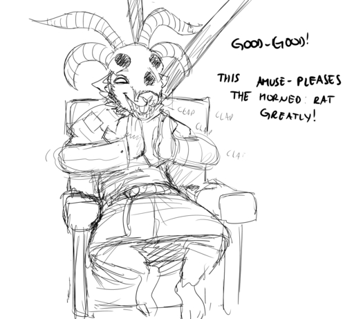 2018 anthro biped black_and_white chair clapping clothed clothing comic dialogue english_text fangs furniture happy hladilnik horn male mammal monochrome open_mouth rodent simple_background sitting skaven smile solo teeth text warhammer_(franchise) warhammer_fantasy white_background // 1280x1152 // 355.3KB