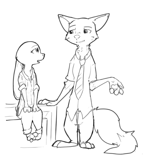2018 anthro barefoot black_and_white bottomwear canid canine cheek_tuft clothed clothing duo ears_down facial_tuft feet fox fully_clothed fur hi_res judy_hopps lagomorph leporid looking_at_another mammal monochrome neck_tuft necktie nick_wilde pants pivoted_ears rabbit red_fox shirt sitting standing topwear tuft vulpes zhanbow // 1568x1657 // 385.5KB