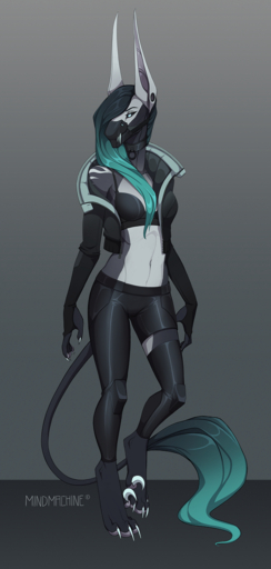 2019 5_fingers anthro black_hair breasts canid canine canis clothed clothing digital_media_(artwork) female fingers gradient_hair hair hi_res jacktor long_ears mammal midriff mindmachine navel rela simple_background solo // 595x1249 // 1006.9KB
