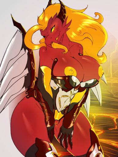 2015 absurd_res anthro areola armor avante92 big_breasts blonde_hair bodily_fluids breasts clothing dragon female forked_tongue gauntlets genital_fluids genitals gloves hair handwear hi_res horn lava long_tongue nipples non-mammal_breasts pupils pussy pussy_juice red_body scalie slit_pupils solo tongue unconvincing_armor wings yellow_eyes yellow_nipples yellow_pussy // 2068x2743 // 3.3MB