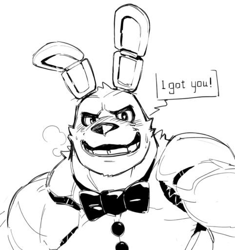 2018 <3 <3_eyes animatronic blush bodily_fluids bonnie_(fnaf) bow_(feature) bow_tie breath clothing dialogue english_text lagomorph leporid looking_at_viewer machine male mammal monochrome muscular muscular_male null-ghost panting rabbit robot simple_background sketch solo sweat talking_to_viewer teeth text topwear vest video_games white_background // 900x956 // 110.2KB