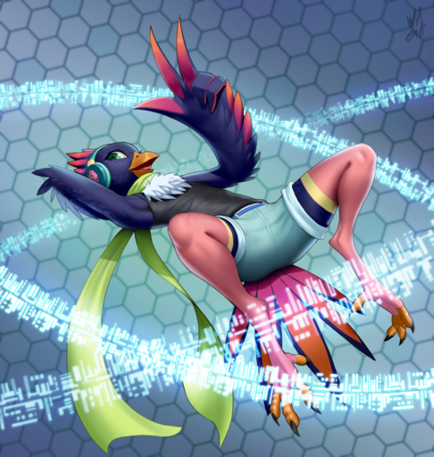 2021 4_fingers 5_fingers anthro arm_over_head avian beak biped bird bird_feet blue_body blue_feathers bottomwear chest_tuft clothed clothing feather_hands feathers fingers gesture green_eyes green_scarf headphones hi_res legwear looking_at_viewer lying male multicolored_body multicolored_feathers on_back open_beak open_mouth scarf shirt shorts solo tail_feathers talons tank_top thigh_highs toeless_legwear toeless_stockings tongue topwear tuft two_tone_body two_tone_feathers v_sign w4g4 winged_arms wings // 1598x1682 // 2.8MB