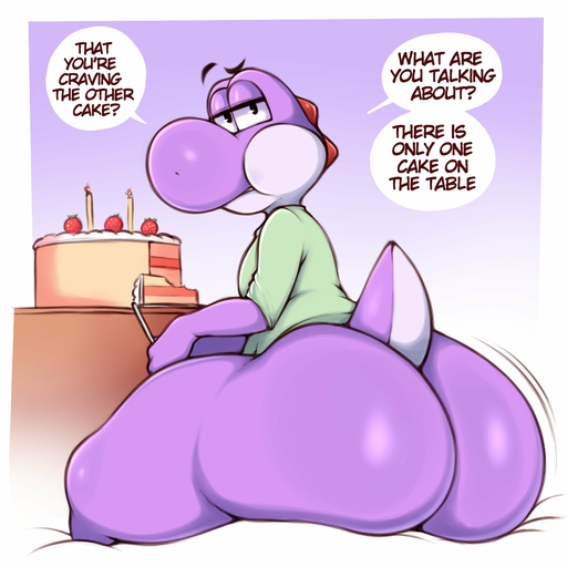 2022 absurd_res anthro big_butt bottomless butt cake clothed clothing dessert dialogue english_text food hi_res huge_butt looking_at_viewer looking_back male purple_yoshi saltyxodium solo talking_to_viewer text video_games yoshi // 4000x4000 // 688.0KB