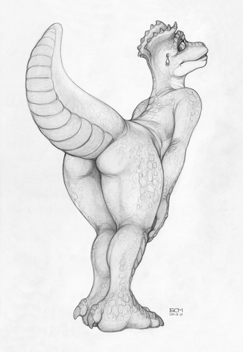 2019 anthro butt digital_media_(artwork) dinosaur dinosaurs_(series) ear_piercing ear_ring ecmajor female fran_sinclair hi_res looking_back mature_anthro mature_female monochrome nude piercing presenting raised_tail reptile scales scalie simple_background solo standing thick_thighs white_background // 945x1368 // 1017.1KB