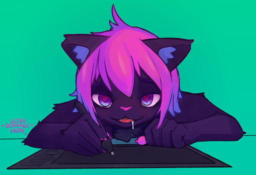 2019 <3 <3_eyes ambiguous_gender anthro bodily_fluids chest_tuft domestic_cat drawing drooling felid feline felis green_background hair inner_ear_fluff looking_at_viewer mammal pink_hair pink_nose purple_eyes saliva simple_background smile solo tablet tuft ultra_(ultrabondagefairy) ultrabondagefairy // 1250x855 // 224.3KB