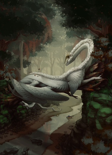 2020 ambiguous_gender creek day detailed_background digital_media_(artwork) dragon feathered_dragon feathered_wings feathers feral forest grass hair hi_res horn mane membrane_(anatomy) membranous_wings outside plant shinerai solo tree white_hair wings // 1250x1719 // 2.2MB
