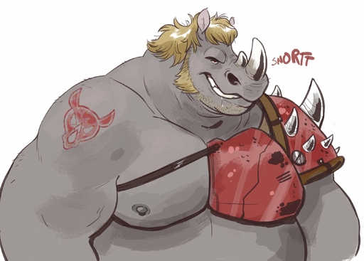 anthro armor belly black_rhinoceros bodily_fluids clothed clothing dramamine drooling grey_body grey_skin grin hair hi_res horn male mammal multi_horn musclegut muscular muscular_anthro muscular_male nipples overweight overweight_anthro overweight_male rhinocerotoid saliva simple_background smile solo sound_effects tattoo white_background // 2323x1664 // 309.7KB
