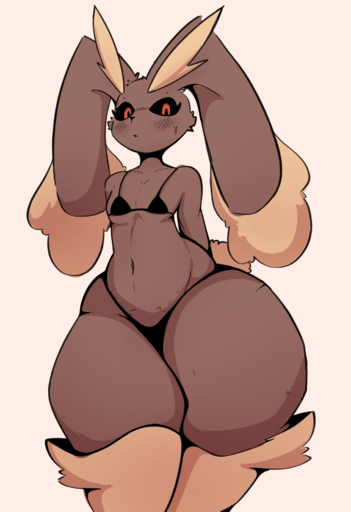 2021 anthro bikini biped black_clothing black_nose black_sclera black_swimwear blush bodily_fluids bottom_heavy breasts brown_body brown_fur clothed clothing curvaceous curvy_figure female fluffy_ears fur hi_res huge_hips huge_thighs lagomorph looking_at_viewer looking_down lopunny mammal navel nintendo pokemon pokemon_(species) portrait red_eyes simple_background small_breasts solo sweat swimwear thick_thighs unknown_artist video_games voluptuous wide_hips yellow_body yellow_fur // 1348x1969 // 1.4MB
