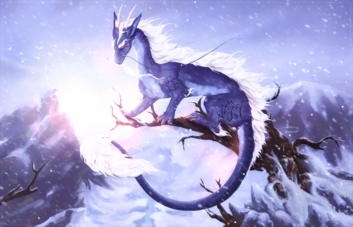 2018 arsauron blue_body blue_skin branch claws day detailed_background digital_media_(artwork) dragon feral hair hi_res horn mountain on_branch outside red_eyes sky white_hair // 2191x1409 // 3.8MB