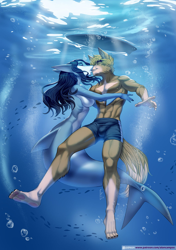 4_toes 5_fingers abs alanscampos anthro athletic blonde_hair blue_body blue_hair blue_skin breasts bubble bulge canid canine canis clothed clothing day duo eyelashes eyes_closed feet female fin fingers fish fur hair hi_res male mammal marine outside shark side_boob slim tan_body tan_fur text toes topless underwater url water wolf // 1060x1500 // 222.0KB