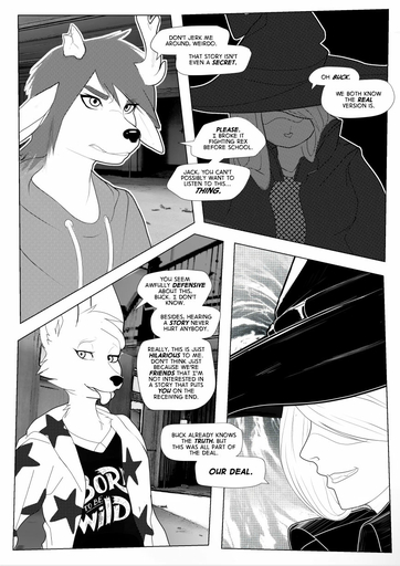 anthro canid canine cervid clothed clothing comic corablue english_text female group hat headgear headwear hi_res human inside male mammal monochrome standing text tongue tongue_out witch_hat // 868x1228 // 273KB