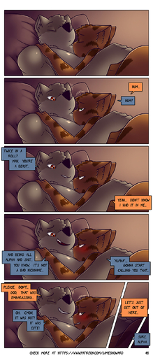 absurd_res after_sex alphonse_(james_howard) anthro canid canine canis comic cuddling dialogue domestic_cat duo english_text felid feline felis hi_res james_howard male malemale mammal richard_(james_howard) size_difference text translated url wolf // 1214x2839 // 1.6MB