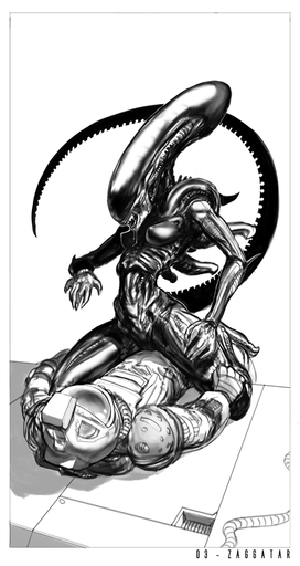 2016 alien alien_(franchise) armor breasts claws clock duo female female_on_top genitals headgear helmet hi_res human male malefemale male_on_bottom mammal monochrome not_furry nude on_bottom on_top pussy science_fiction sex spacesuit straddling watch wide_hips xenomorph zaggatar // 638x1200 // 417.8KB