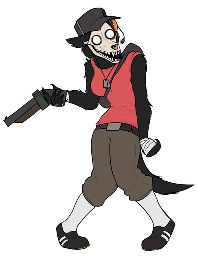2018 absurd_res anthro black_body black_fur bone breasts canid canine clothed clothing cosplay female fur hair hi_res keadonger malo mammal monster open_mouth scout_(team_fortress_2) scp-1471 scp-1471-a scp_foundation simple_background skull solo team_fortress_2 teeth undead valve video_games // 2587x3361 // 1011.7KB