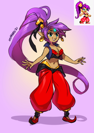 5_fingers bandeau blue_eyes clothed clothing colored_nails ear_piercing ear_ring female fingers footwear genie hair hi_res humanoid humanoid_pointy_ears long_hair looking_at_viewer nails not_furry open_mouth open_smile piercing ponytail purple_hair shantae smile solo topwear video_games zummeng // 1131x1600 // 587.0KB