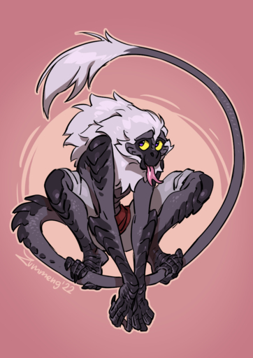 2022 anthro blep digital_media_(artwork) feet fingers hair haplorhine hi_res hybrid male mammal monkey primate purple_eyes scales simple_background solo toes tongue tongue_out white_hair yellow_eyes zummeng // 848x1200 // 462.4KB