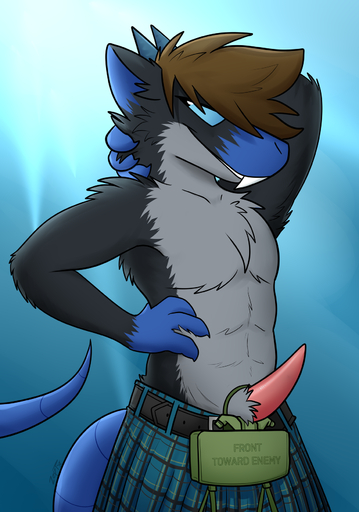 anthro belt blue_background bomb captainzepto clothed clothing doing_it_wrong english_text erection explosive_mines explosives genitals hi_res horn inviting kilt looking_at_viewer male mammal murid murine navarchus_zepto penis pose rat rodent simple_background solo standing tapering_penis text topless weapon // 1230x1754 // 1.1MB