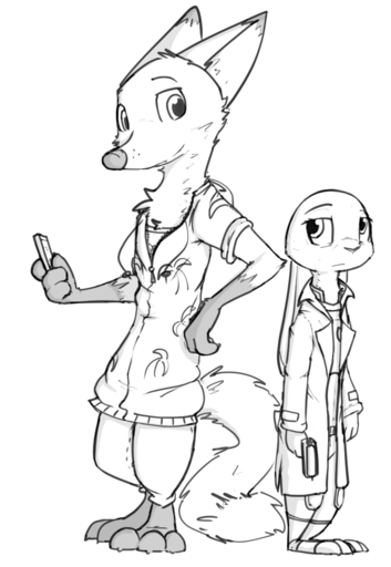 anthro black_and_white canid canine clothed clothing duo female fox hi_res holding_object holding_weapon judy_hopps lagomorph leporid male mammal monochrome nick_wilde rabbit standing weapon zhanbow // 892x1294 // 399.8KB