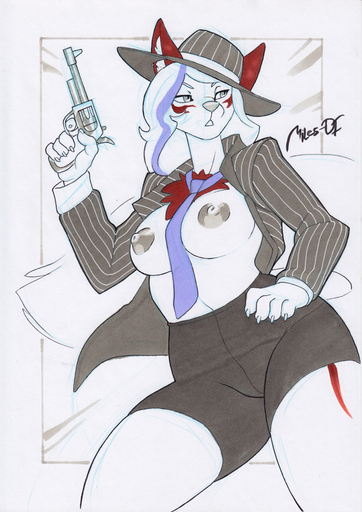 2016 anthro areola bottomwear breasts canid canine claws clothed clothing english_text female fur gun hair handgun hat headgear headwear holding_gun holding_object holding_weapon mammal miles_df necktie nipples partially_clothed ranged_weapon red_body red_fur revolver shorts signature solo suit text tight_clothing weapon white_body white_fur // 671x950 // 494.5KB