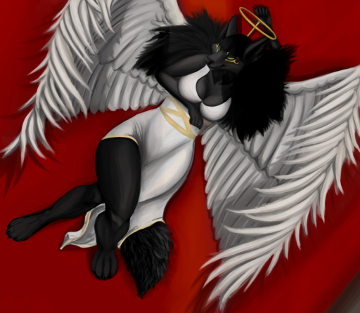 absurd_res angel anthro anubian_jackal breasts canid canine canis clothed clothing costume crossed_legs dress egyptian egyptian_clothing female fur hi_res inside jackal kalasiris looking_at_viewer lying mammal on_back sabrotiger smile solo // 3228x2815 // 6.5MB