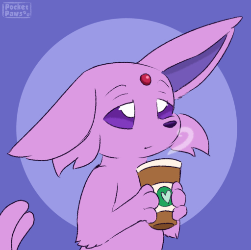 animated beverage cheek_tuft coffee container cup drinking eeveelution espeon facial_tuft floppy_ears hot_drink pocketpaws pokemon_(species) sipping steam tired tuft video_games // 1085x1080 // 990.9KB