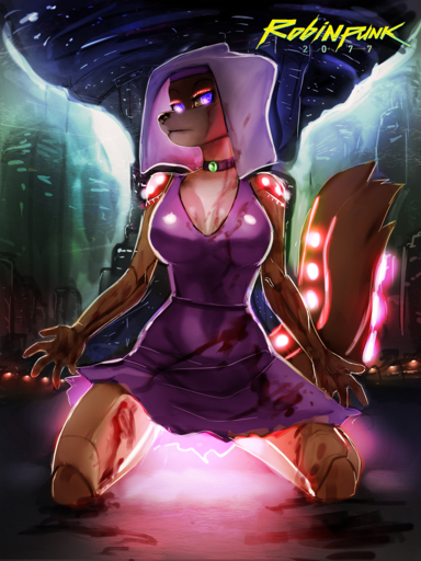 2018 3:4 5_fingers android anthro black_nose breasts canid canine choker cleavage clothed clothing cybernetics cyberpunk detailed_background dress female fingers fox fully_clothed futuristic general-irrelevant headdress hi_res jewelry kneeling looking_at_viewer machine maid_marian mammal necklace robot solo // 1080x1440 // 2.2MB