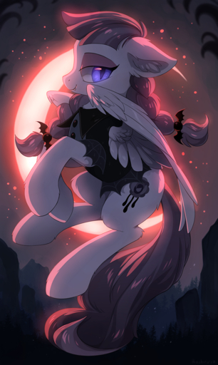 2017 clothed clothing crescent_moon cutie_mark equid equine feathered_wings feathers female feral hair hi_res hioshiru hooves horse inky_rose_(mlp) long_hair looking_at_viewer mammal moon outside pegasus smile solo wings // 766x1280 // 1.0MB