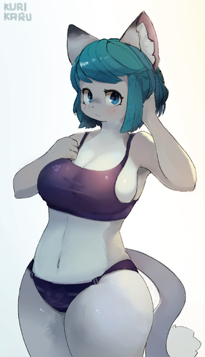 4_fingers anthro big_breasts blue_eyes blue_hair blush breasts cleavage clothed clothing domestic_cat felid feline felis female fingers hair hi_res kemono kuri-karu mammal navel side_boob simple_background snout solo standing white_background // 1300x2262 // 2.1MB