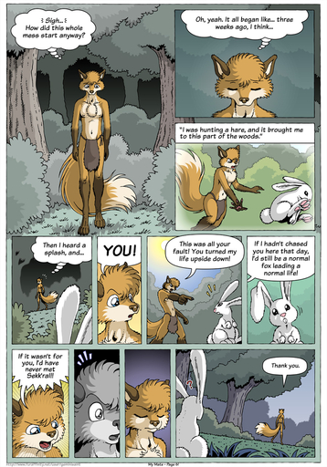 2016 angry anthro barefoot blue_eyes bottomwear brown_body brown_fur brown_nose canid canine chest_tuft clothed clothing comic dialogue english_text eyes_closed farin feet feral floppy_ears forest fox fur geminisaint hi_res lagomorph leporid light loincloth low-angle_view male mammal monochrome multicolored_body multicolored_fur open_mouth pink_nose plant rabbit running shocked speech_bubble sun sunlight teeth text thought_bubble tongue tree tribal tuft walking white_body white_fur yelling // 896x1280 // 498.2KB