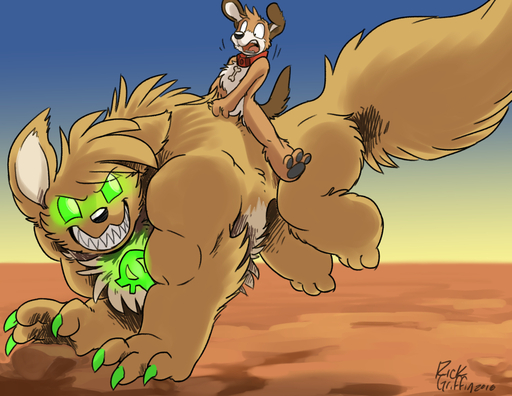2016 anthro canid canine canis claws collar desert digital_media_(artwork) domestic_dog glowing glowing_eyes green_claws green_eyes grin male mammal outside pawpads peanut_butter_(housepets!) rick_griffin riding scared size_difference smile straddling tarot_(housepets!) webcomic webcomic_character // 963x744 // 512.5KB