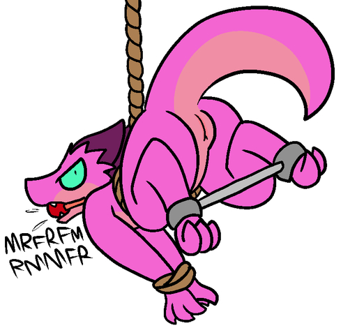2016 aliasing angry anthro ass ball_gag bondage bound dialogue female gag gagged horn kobold nude pussy reptile scalie simple_background solo spaffy spreader_bar suspension teeth trout_(artist) // 800x750 // 22.6KB