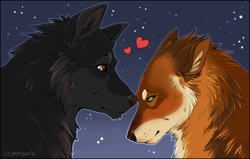 <3 ambiguous_gender black_body black_border black_fur border brown_body brown_fur canid canine canis compass_(artist) duo eye_contact feral fur green_eyes looking_at_another mammal night orange_eyes outline side_view signature sky star starry_sky wolf // 878x558 // 290.5KB