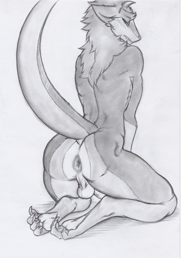 2019 4_toes amon_(deksaebtnac) anthro anus balls biped blush butt claws erection feet genitals greyscale horn kneeling male monochrome nirvana3 nude penis perineum raised_tail rear_view sergal simple_background solo toes white_background // 800x1135 // 1.2MB