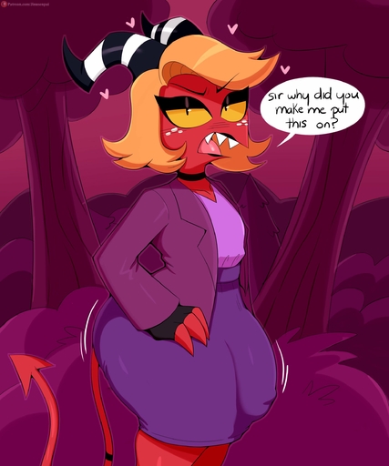 absurd_res bulge clothed clothing crossdressing demon dialogue genital_outline girly helluva_boss hi_res humanoid jinu male moxxie_(vivzmind) not_furry penis_outline solo spade_tail // 2087x2500 // 317.1KB