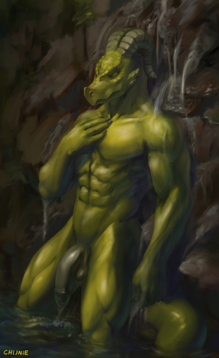 2017 5_fingers abs anthro argonian balls bathing biceps chunie claws dark_theme detailed_background digital_media_(artwork) dragon eyes_closed fingers flaccid foreskin genitals green_body green_scales green_theme hi_res horn humanoid_genitalia humanoid_penis long_foreskin male muscular muscular_anthro muscular_male nude outside partially_submerged pecs penis rock scales scalie solo standing vein video_games water waterfall wet // 783x1280 // 380.6KB