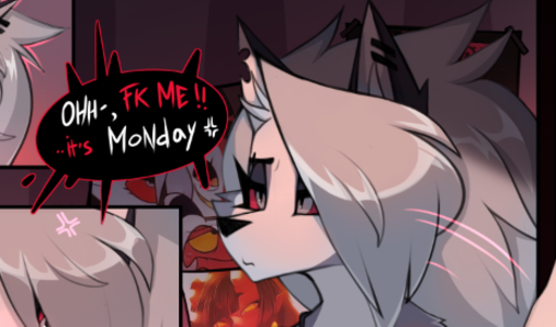 2022 bedroom comic conditional_dnp detailed_background fur loona_(helluva_boss) loonanudes low_res mouth_closed moxxie text tired white_body white_fur // 463x272 // 146.0KB