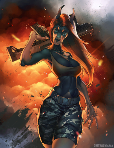5_fingers anthro bad_trigger_discipline big_breasts black_nose blue_eyes bottomwear breasts brown_hair camo canid canine canis claws cleavage clothed clothing cool_guys_don't_look_at_explosions crop_top digital_media_(artwork) dobermann dog_tags domestic_dog explosion female fingers gun hair iskra mammal midriff navel okithau pinscher ranged_weapon red_hair rifle shaded shirt shorts shotgun slim small_waist solo tank_top topwear weapon // 769x998 // 1.2MB