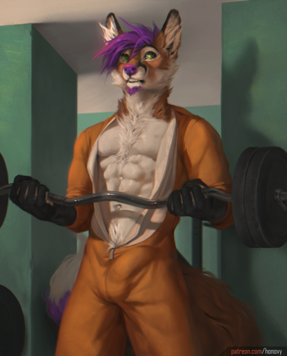 2019 5_fingers abs anthro athletic athletic_anthro athletic_male bulge canid canine clothed clothing digital_media_(artwork) exercise fingers fox fur genital_outline green_eyes hair honovy kigufox male mammal orange_body orange_fur penis_outline purple_hair purple_nose solo standing text url weightlifting weights white_body white_fur workout // 877x1085 // 1.2MB