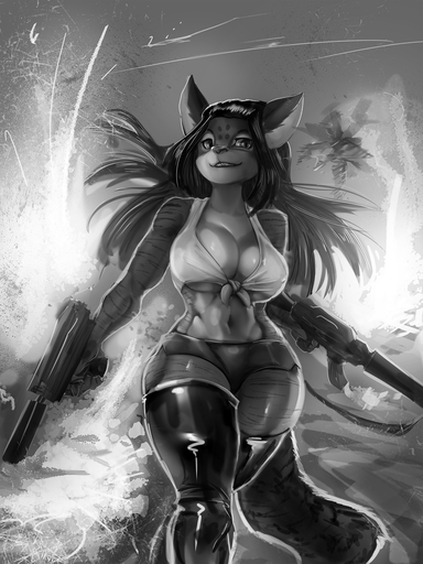 3:4 anthro big_breasts bottomwear breasts clothing felid female general-irrelevant gun hair hi_res holding_gun holding_object holding_rifle holding_weapon long_hair looking_at_viewer mammal navel ranged_weapon rubber shorts smile solo striped_body stripes submachine_gun thick_thighs weapon wide_hips // 1080x1440 // 727.5KB