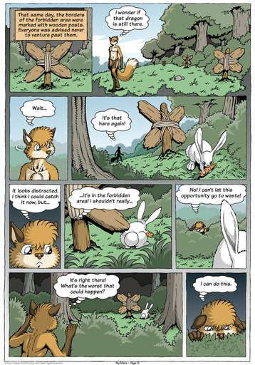 2015 anthro blue_eyes bottomwear canid canine carrot clothed clothing comic dialogue english_text farin feral food forest fox fur geminisaint hi_res lagomorph leporid loincloth male mammal nature plant rabbit sign solo spying text topless tree tribal vegetable // 896x1280 // 578.9KB