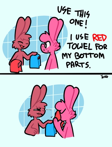 absurd_res anthro disgust english_text hi_res humor lagomorph leporid long_ears male malemale mammal meme rabbit shower_room sniffing sniffing_clothes text the_xing1 towel // 4465x5848 // 1.1MB