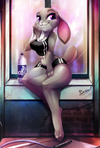 2018 absurd_res anthro biped bodily_fluids bottle bottomwear bra breasts clothing digital_media_(artwork) english_text female front_view full-length_portrait fur grey_body grey_fur gym_bottomwear gym_clothing gym_shorts hi_res judy_hopps jump_rope lagomorph leporid looking_at_viewer mammal midriff navel nipples pink_nose portrait purple_eyes rabbit shirt shorts sitting smile solo spirale sports_bra sweat tank_top teeth text thick_thighs topwear towel translucent translucent_clothing underwear water water_bottle wide_hips window window_seat // 1695x2500 // 1.5MB