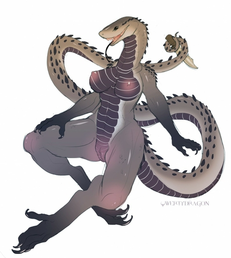 anthro breasts digitigrade female forked_tongue genitals hi_res knife long_tongue nipples non-mammal_breasts nude open_mouth prehensile_tail pussy qwertydragon reptile scales scalie simple_background snake solo text tongue tongue_out wide_hips // 1148x1280 // 169.4KB
