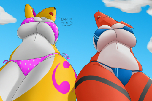 2018 absurd_res anthro big_breasts bikini breasts bulging_breasts canid canine cleavage clothed clothing creatiffy curvy_figure digimon_(species) digital_media_(artwork) duo female fur guilmon hi_res huge_breasts low-angle_view mammal polka_dots renamon scalie side-tie_bikini simple_background skimpy smile swimwear thick_thighs under_boob voluptuous worm's-eye_view // 3307x2200 // 13.8MB