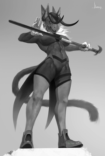 2019 anthro athletic athletic_anthro athletic_female biped cane clothed clothing demon domestic_cat felid feline felis female full-length_portrait greyscale holding_object holding_sword holding_weapon honovy horn mammal melee_weapon monochrome portrait solo sword weapon // 636x944 // 313.6KB