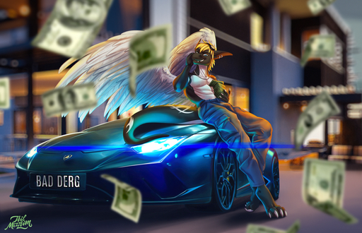 2020 4_toes 5_fingers anthro barefoot blue_eyes day detailed_background digital_media_(artwork) dragon feathered_dragon feathered_wings feathers feet fingers lamborghini male money outside sky solo toes tril-mizzrim white_body white_feathers wings // 1200x773 // 1.4MB